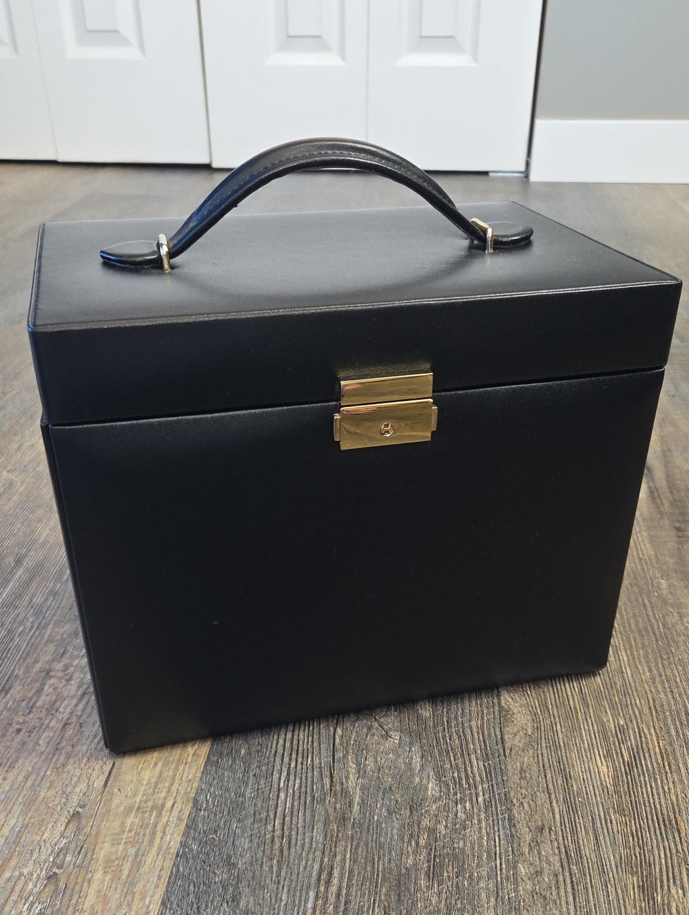 WOLF Black Jewelry Travel Case with Gold Lock and Top Handle